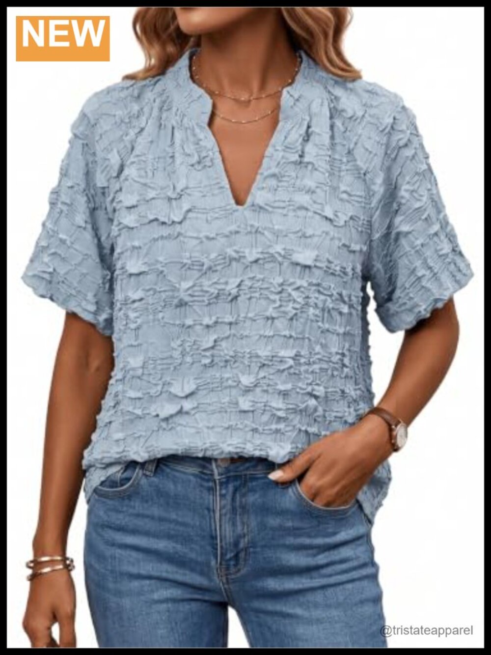 Textured V Neck Ruffle Blouse Flutter Sleeve Women Top